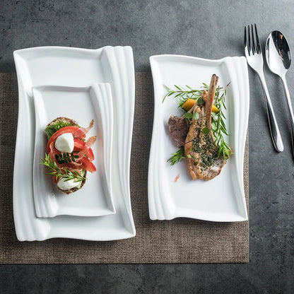 Creative Ceramic White Rectangular Western Food Plate Hotel Restaurant Special Cake Dessert Tableware Household Sushi Set Plate.