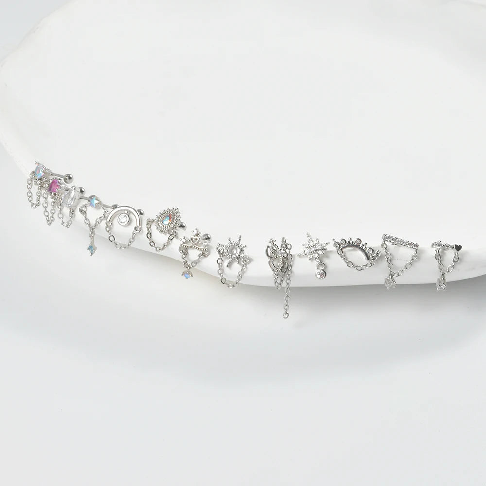 1PC 316L Surgical Steel Star Water Drop Heart CZ Chain Ear Cartilage Tragus Helix Stud Earring Daith Lobe Piercing Body Jewelry.