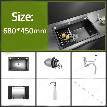 Schwarzes Nano-Waschbecken, einzelnes Waschbecken, kreative Küchenspülen aus Edelstahl, Abflussset für Zuhause, handgefertigtes Waschbecken, Küchenzubehör