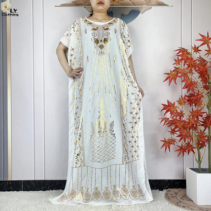 2023 New Muslim Summer Short Sleeve Robe Gold Stamping Boubou Maxi Women Femme Loose Dress With Big Scarf African Abaya Clothes