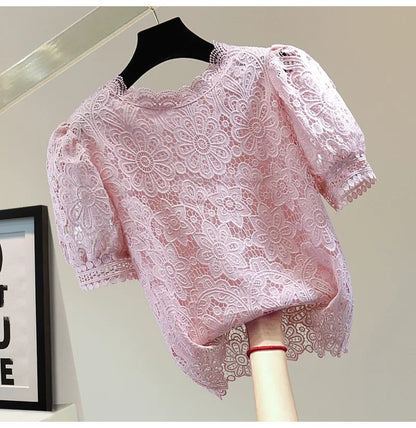 Loose Straight Korean Style Summer Top Pure Color Hooked Hollow out Ladies Lace Shirt Overhead Bubble Sleeve Women's Fashion.