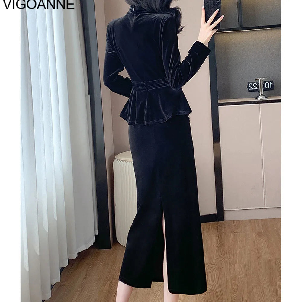VigoAnne 2025 Solid V Neck Velvet 2 Piece Set Woman Long Sleeve High Waist Skirt Suits Lady Spring Autumn Korean Long Dress Suit.