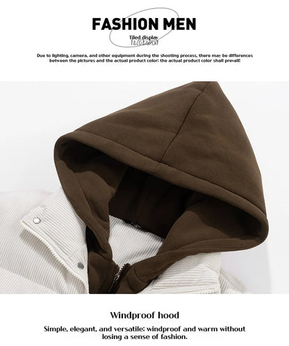 Japanese and Korean Winter Men's Thick Hooded Cotton Jacket Short Corduroy Cotton Jacket Trendy Warm Cotton Jacket Versatile.