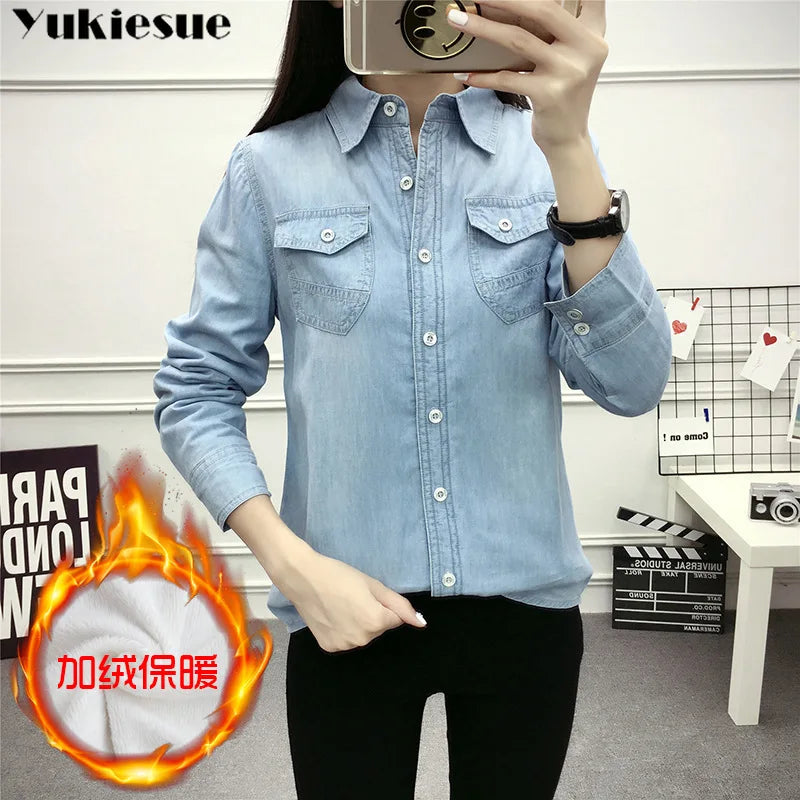 2022 Casual winter Autumn warm thick fleece denim Blouses Women Ladies Tops Women Blouses Long Sleeve Shirt clothe S-3XL.