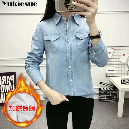2022 Casual winter Autumn warm thick fleece denim Blouses Women Ladies Tops Women Blouses Long Sleeve Shirt clothe S-3XL.