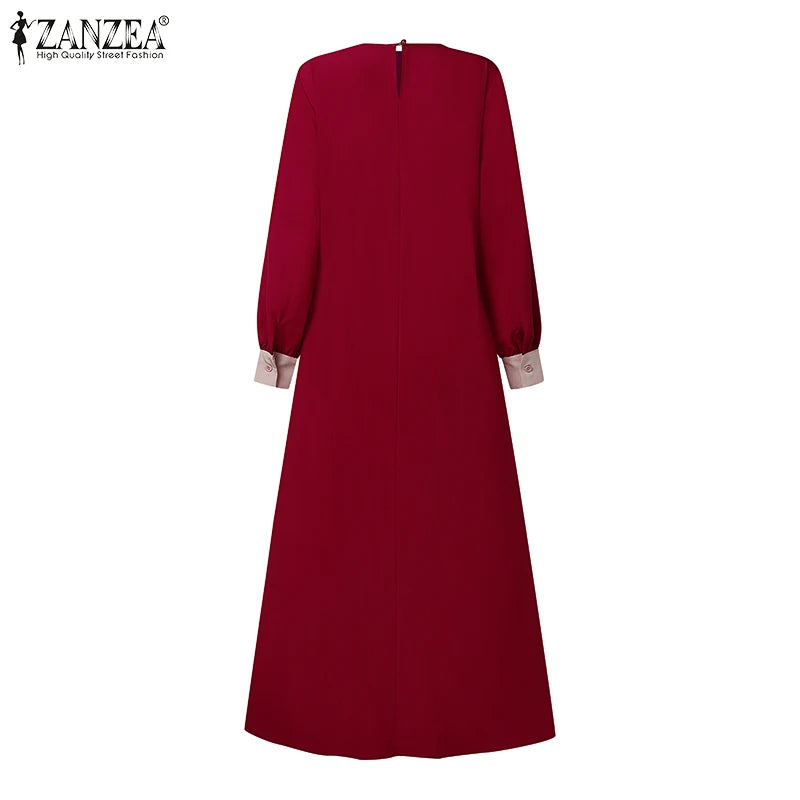 ZANZEA Mode Frauen Langarm Muslimischen Abaya Kleid Frühling Patchwork Maxi Kleider Robe Femme IsIamic Vestidos Lace Up Sommerkleid.