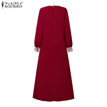 ZANZEA Mode Frauen Langarm Muslimischen Abaya Kleid Frühling Patchwork Maxi Kleider Robe Femme IsIamic Vestidos Lace Up Sommerkleid.