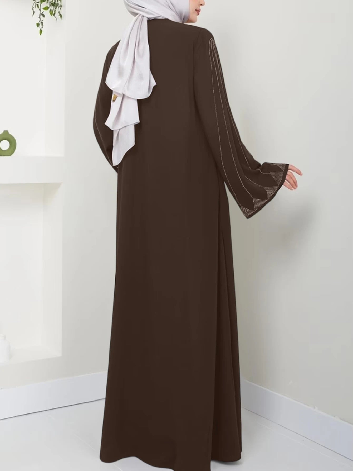 Muslim Fashion Women's Hot Diamond Long Sleeve Loose Coffee Style Elegant Dress.