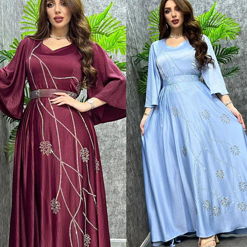 Eid Mubarak Djellaba Femme Diamanten Abaya Frauen Muslimischen Abend Party Kleid Dubai Türkei Kaftan Gürtel Jalabiya Islamische Robe Kleid.