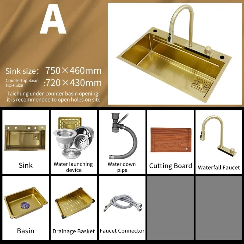 Waterfall Kitchen Sink Gold 304 Stainless Steel Modern Multifuctional Large Sink  Above Counter Apron Front Installation