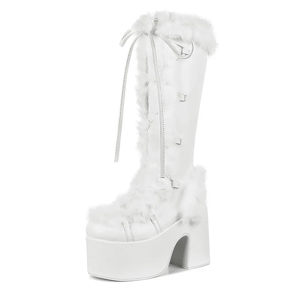 GIGIFOX Fur Super Chunky High Heel Platform Mid-Calf Boots For Women Faux Suede Round Toe Side Zipper Lace-Up Warm Casaul Boots.