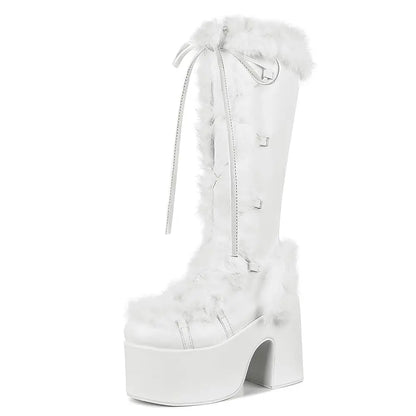 GIGIFOX Fur Super Chunky High Heel Platform Mid-Calf Boots For Women Faux Suede Round Toe Side Zipper Lace-Up Warm Casaul Boots.