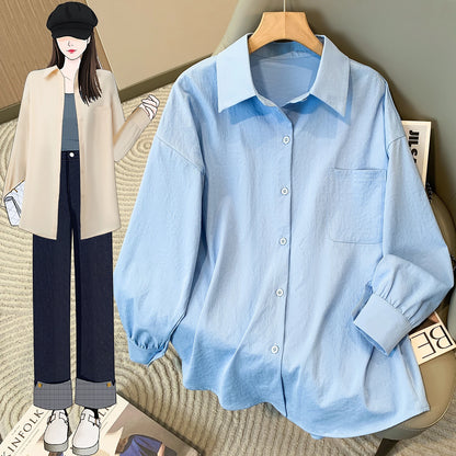 Plus Size Women's Blouses 2025 Spring Autumn Simple Lady Shirts Long Sleeve Big Pockets Shirt Loose Casual Tops