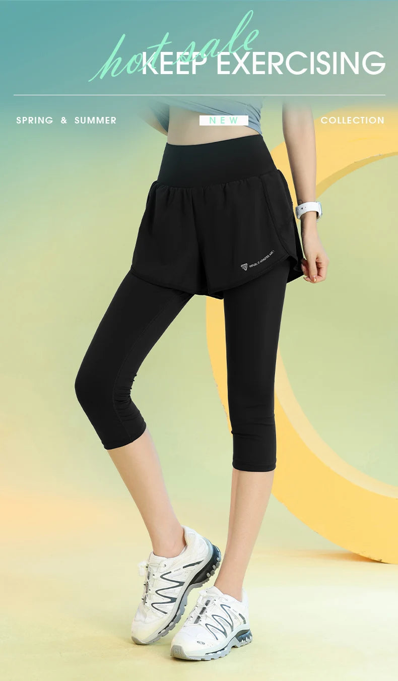 PHIGEER Women 2 in 1 Yoga Capri Pants Summer Lightweight Workout Tights With Pockets High Waist Running Gym Legging Activewears.