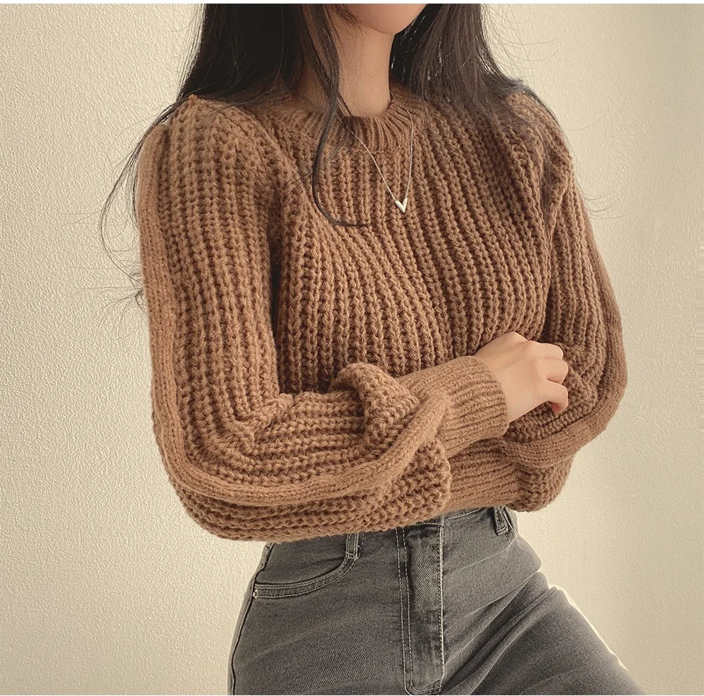 Koreanische Lose Langarm Pullover Mode Frauen Harajuku Laterne Stricken Oansatz Solide Grund Jumper Herbst Winter Weiche Warme Pullover.