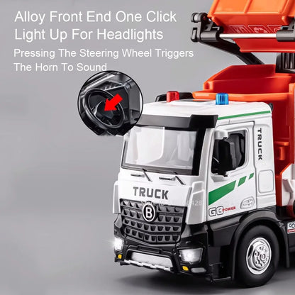 1:18 Electric Sanitation Garbage Truck Toy Cars Model Alloy Water Tanker Diecast Light Sound Vehicle Children's Educational Toys.