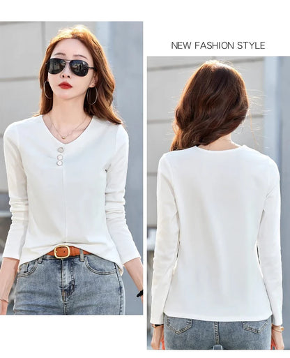 Wine red pure cotton long sleeved t-shirt for women's spring and autumn new style V-neck fashionable casual plus size loose top