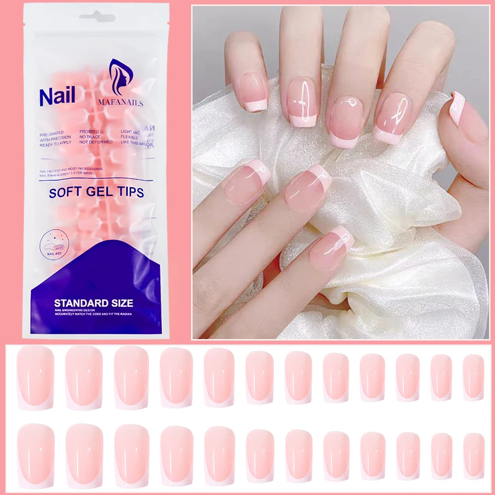 120Pcs=24*5 French Short Square Coffin False Nail White Pink Simple Wearable Fake Nails Glossy Full Cover Press on Nail Tips Art.