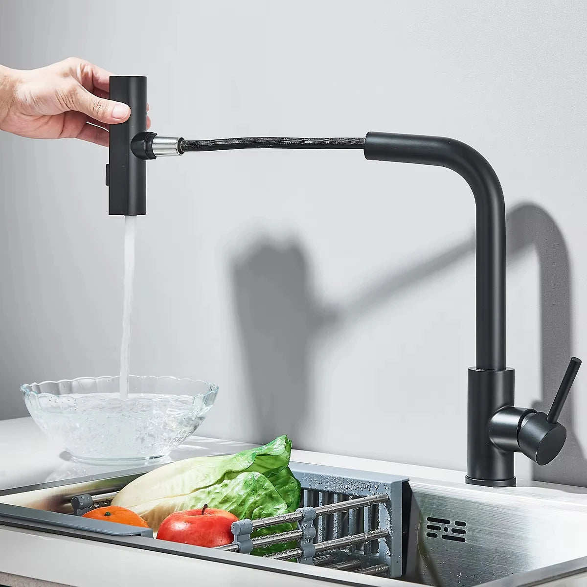 Gunmetal grey pull-out kitchen sink faucet, water flow spout, stainless steel, hot and cold water mixer, deck mounted faucet