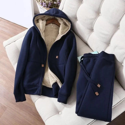Women's Sweatshirt Pants Suit Autumn and Winter Warm Long-sleeved Fleece Thick Hoodie Coat Jogger Pants Sportswear Two-piece Set.