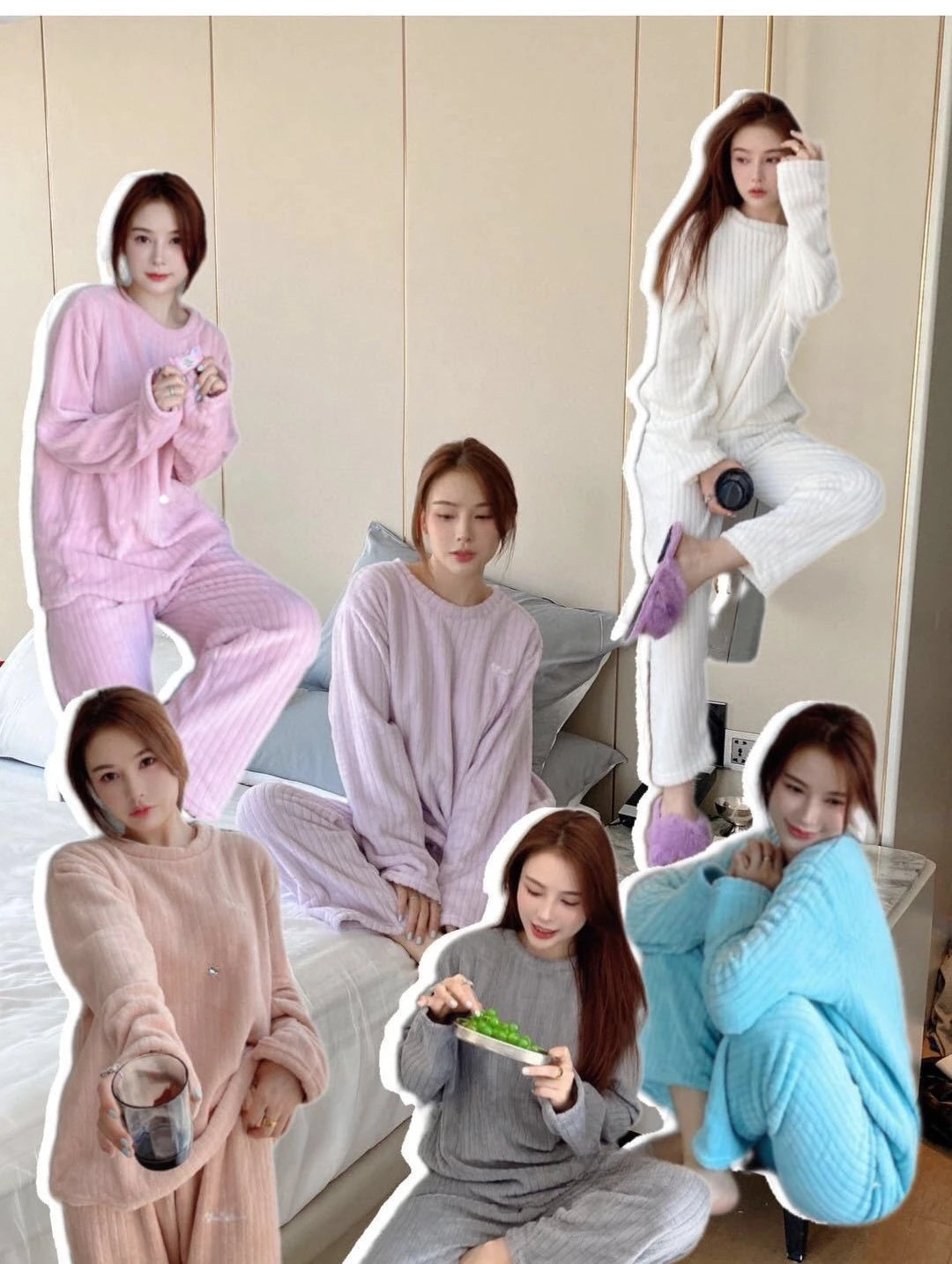 Verdickte warme Nachtwäsche für den Winter, Korallensamt, lockerer Loungewear-Pyjama mit weitem Bein, 2-teiliges Set, gestreifte Damen-Nachtwäsche.