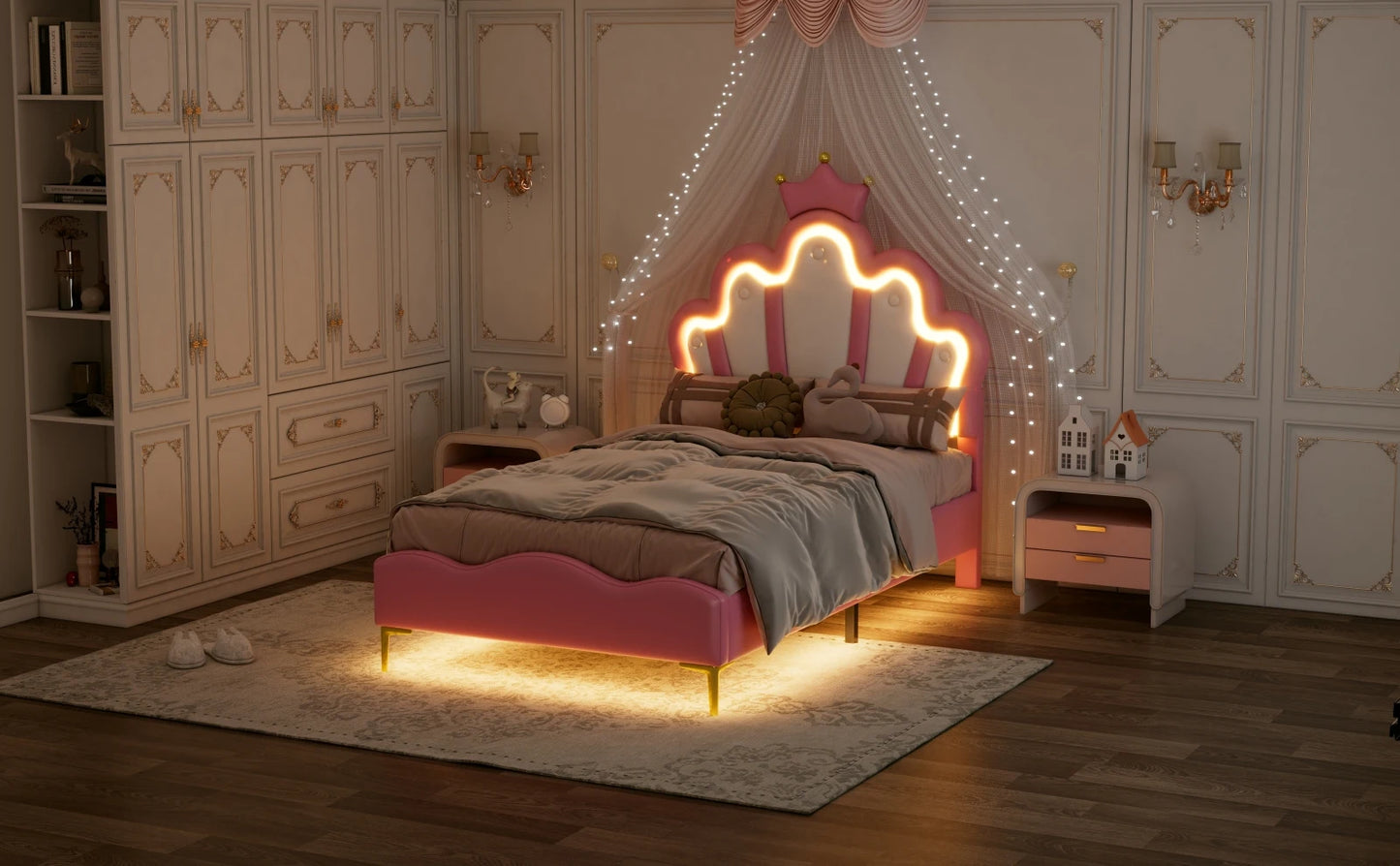 Rosahqnda Kinderbett Mädchen Einzelbett Doppelbett Kinderbett Prinzessin Kronenform Bett Verstellbares Kopfteil