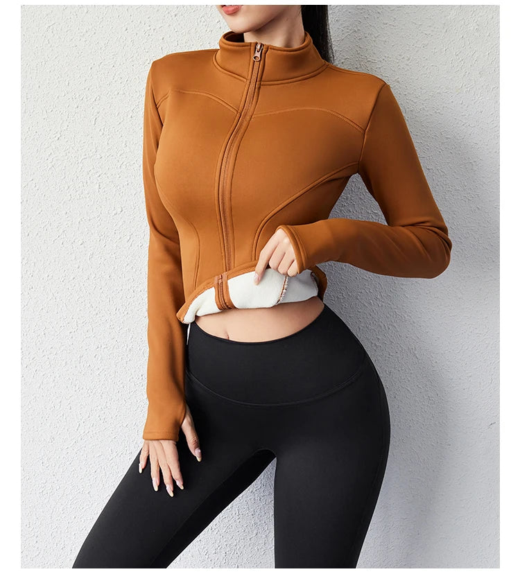 Damen Winter-Fleece-Yoga-Jacke mit durchgehendem Reißverschluss, langen Ärmeln, Workout, Activewear, Sport-Fleece-Yoga-Jacke mit Daumenloch.