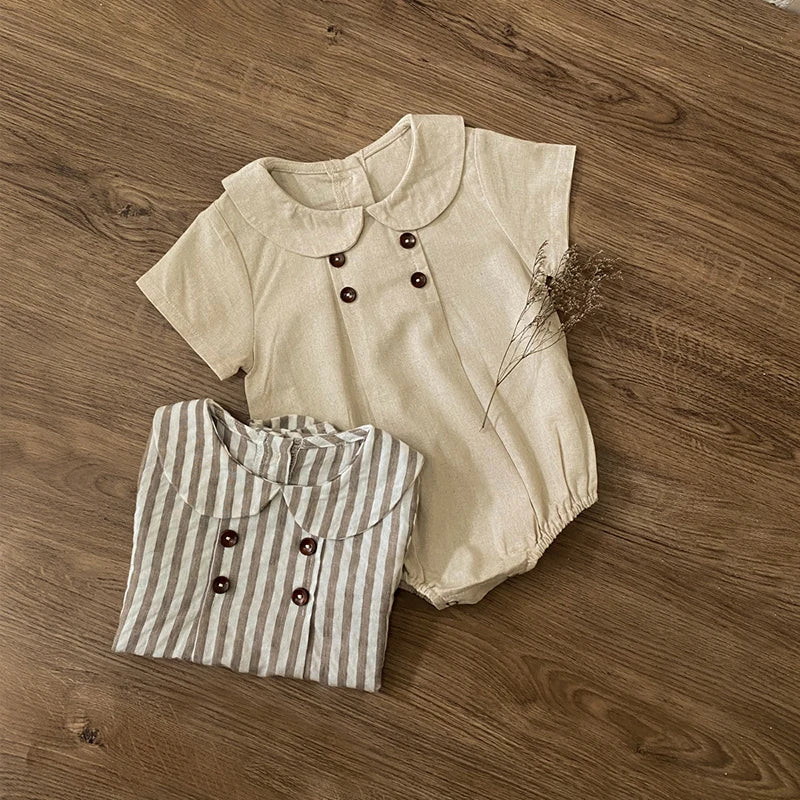 Sommer neue adrette Art Baby Body suits Hemd Kragen Mädchen Jungen Bodysuit atmungsaktive Leinen einteilige Baby kleidung.