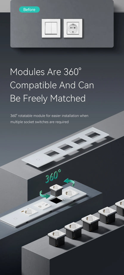 BSEED 1/2/3Gang Touch-Schalter 1-Wege-Lichtschalter mit EU-Steckdosen USB Typ-C-Steckdosen Glasscheibe Schwarz.