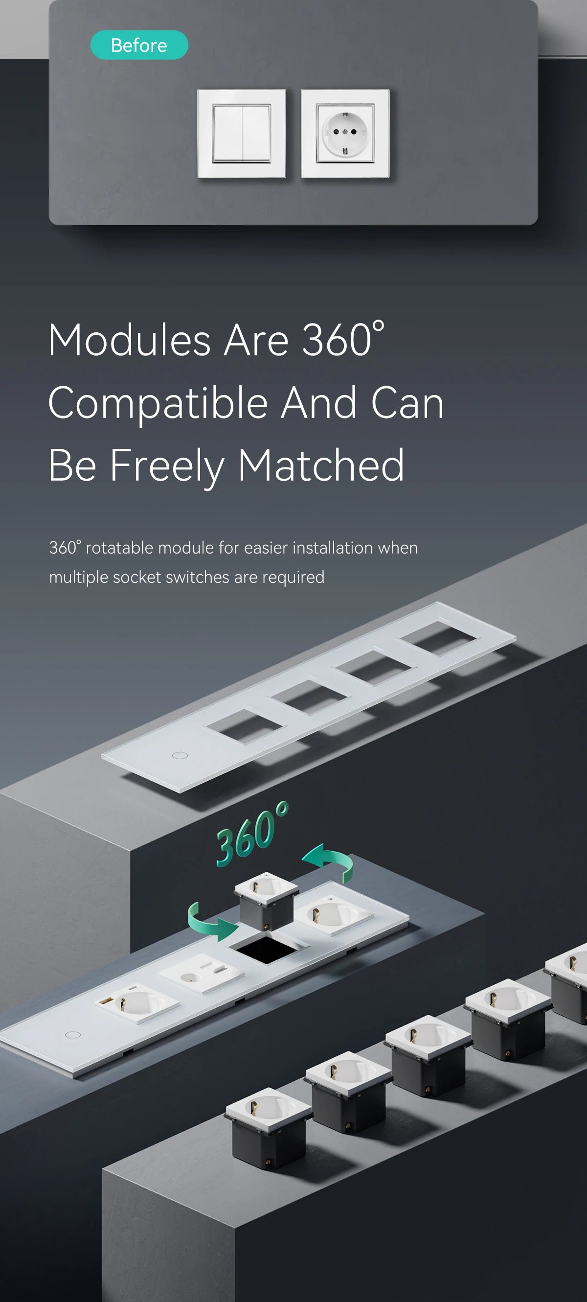 BSEED Touch-Lichtschalter mit EU-USB-Steckdosen, schwarze Wand-LED-Schalter, 1/2/3 Gang, 1-Wege-Kristall, dunkelblaue Hintergrundbeleuchtung, Wandschalter.