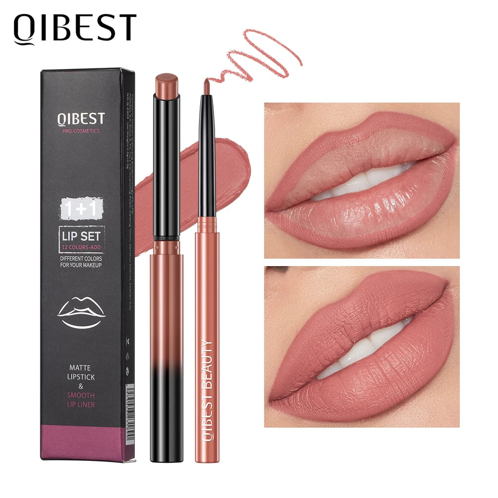 QIBEST 2pcs Lipstick Lipliner Pen Set Matte Nude Lip Liner Pencil Waterproof Long Lasting Lipstick Pen Contour Makeup For Women.