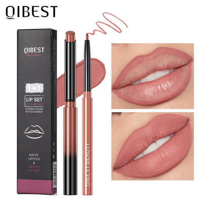 QIBEST 2pcs Lipstick Lipliner Pen Set Matte Nude Lip Liner Pencil Waterproof Long Lasting Lipstick Pen Contour Makeup For Women.