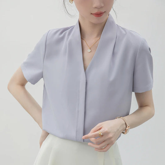 2025 Fashion Summer Short Sleeve V-Neck Women Blouse White Blouse Shirt Women Tops Blouses Shirts Blusas Para Mujer Camisas XL86.