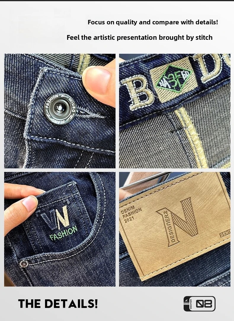 Men's Slim Straight Jeans Fashion Korean Autumn Trousers Comfortable Elastic Black Blue Fitted Business Casual Denim Pants.