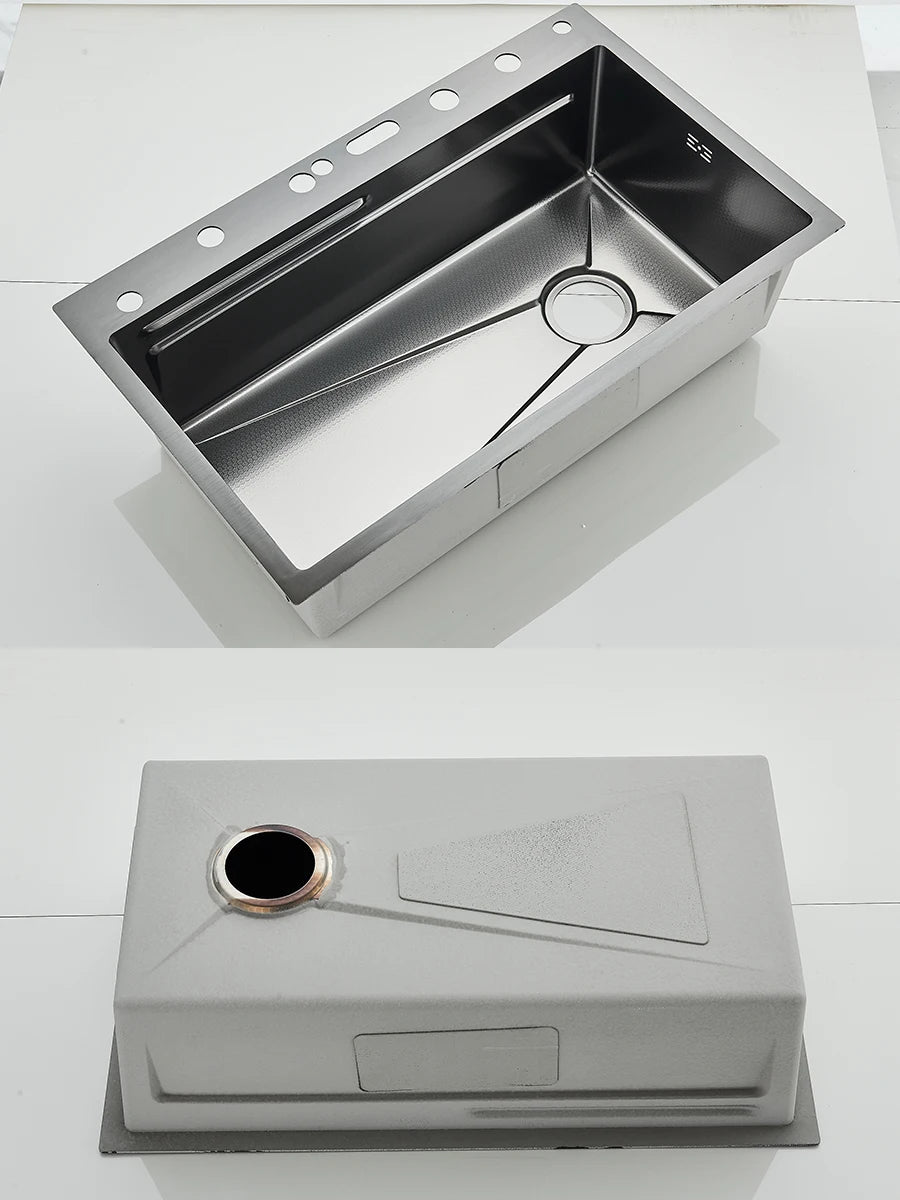 Küchenspüle aus Edelstahl 304, doppelter Wasserfall, Einzelschlitz, integrierte Digitalanzeige, Wasserhahn-Set, Seifenspender, Tassenwascher