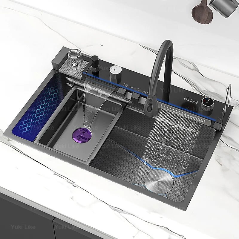 Edelstahl-Wasserfall-Küchenspüle, extra groß, Einzelschlitz, Digitalanzeige, Wasserhahn-Set, Tassenwaschbecken, Waschbecken, 100 x 50 cm