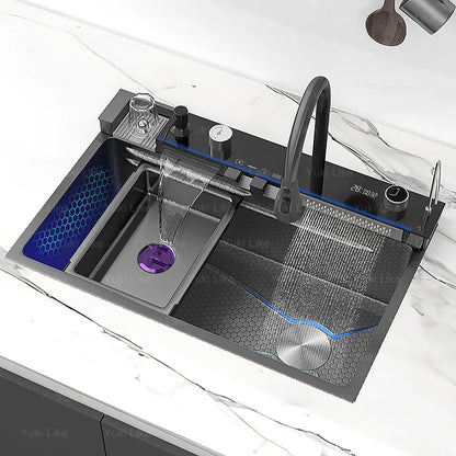 Edelstahl-Wasserfall-Küchenspüle, extra groß, Einzelschlitz, Digitalanzeige, Wasserhahn-Set, Tassenwaschbecken, Waschbecken, 100 x 50 cm