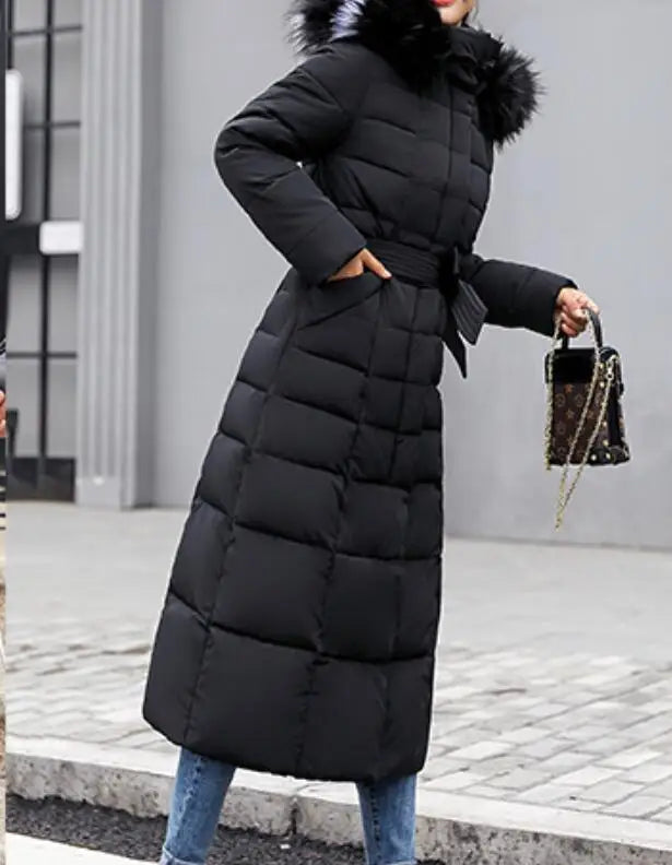 Neue Wintermode Langarm Pelzkragen Reißverschluss Einfarbig Slim Fit Lange Version Dicke Daunenjacke Mit Kapuze Für Frauen, 6 Farben.