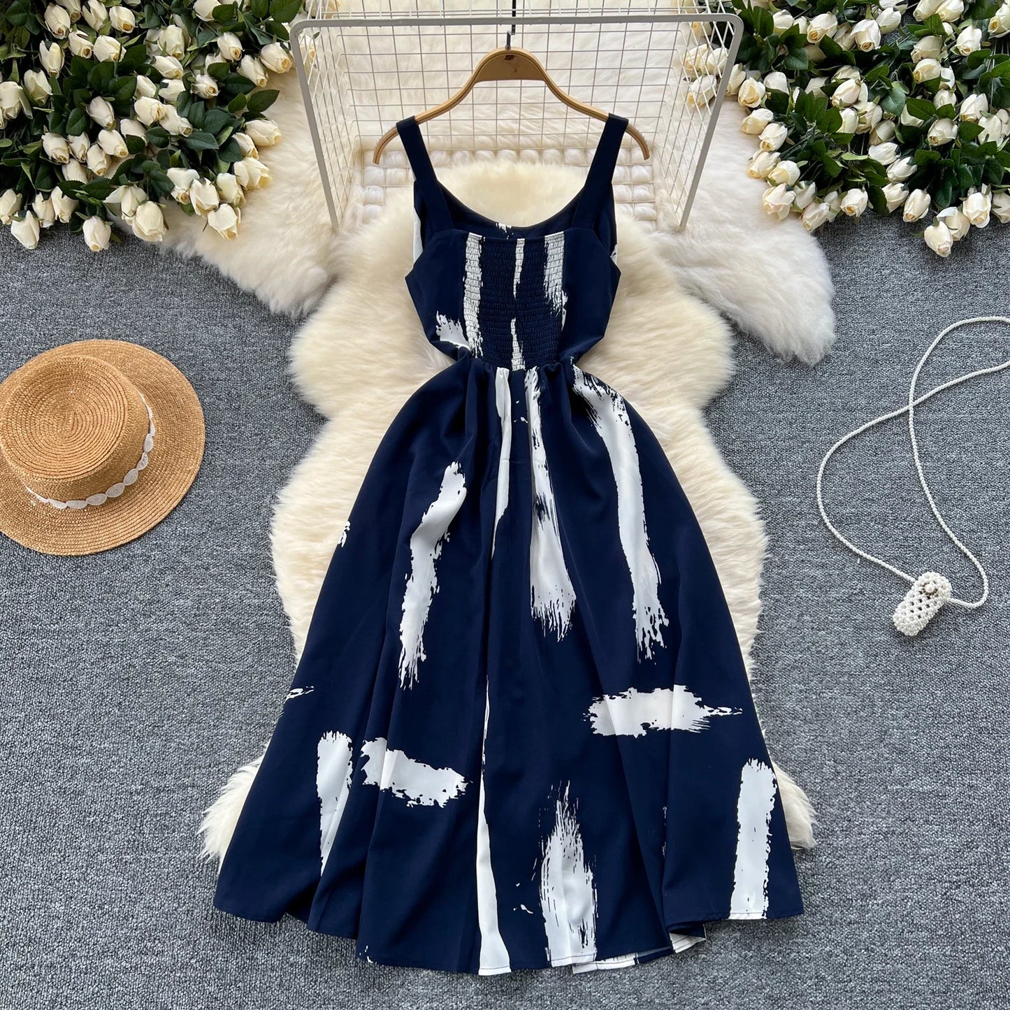 Neue Sommer Druck Süße Kleid Träger O Neck Backless Split Elegante Damen Urlaub Strand Party Midi Sommerkleid.