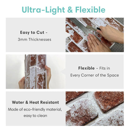 10pcs 3D Brick Wall Stickers Self-adhesive Faux Brick Wall Panels, Matt, Waterproof, 30 x 30cm, Living Room Bedroom Wall Decor