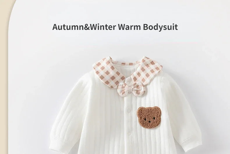 Neugeborenen Baby Overall Kleidung Winter Verdickt Strampler Jungen Mädchen Nette Stickerei Bär Body Herbst Kleidung 0-1-3-6M.