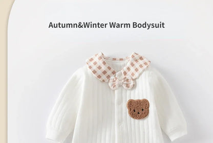 Neugeborenen Baby Overall Kleidung Winter Verdickt Strampler Jungen Mädchen Nette Stickerei Bär Body Herbst Kleidung 0-1-3-6M.