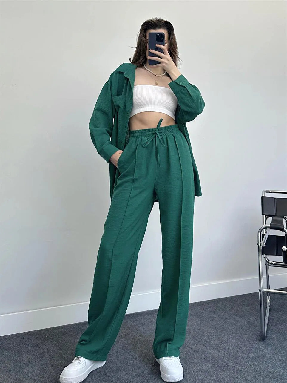 New Autumn Red Women Casual Two-piece Set, Features A Thin Long-sleeved Lapel Shirt Paired with Matching Drawstring Trousers..