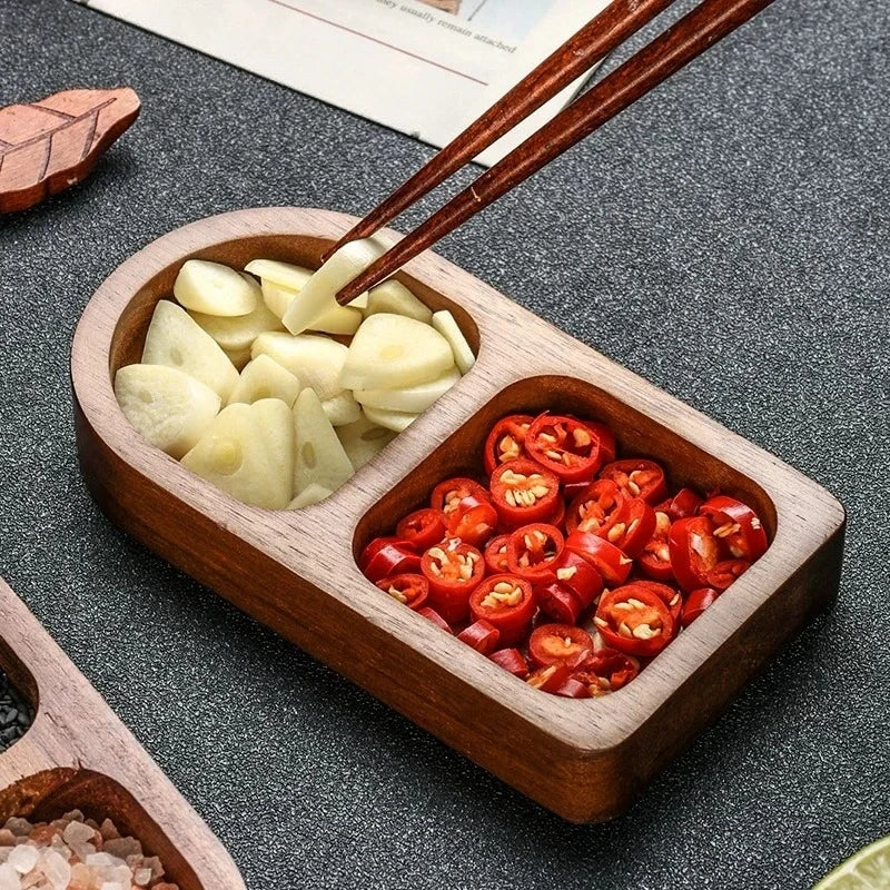 Seasoning Wood Snack Plate with Compartments 2/3/4 Grids Fruit Snacks Food Storage Trays Sauce Plate Kitchen Accessories 일본 주방용품.