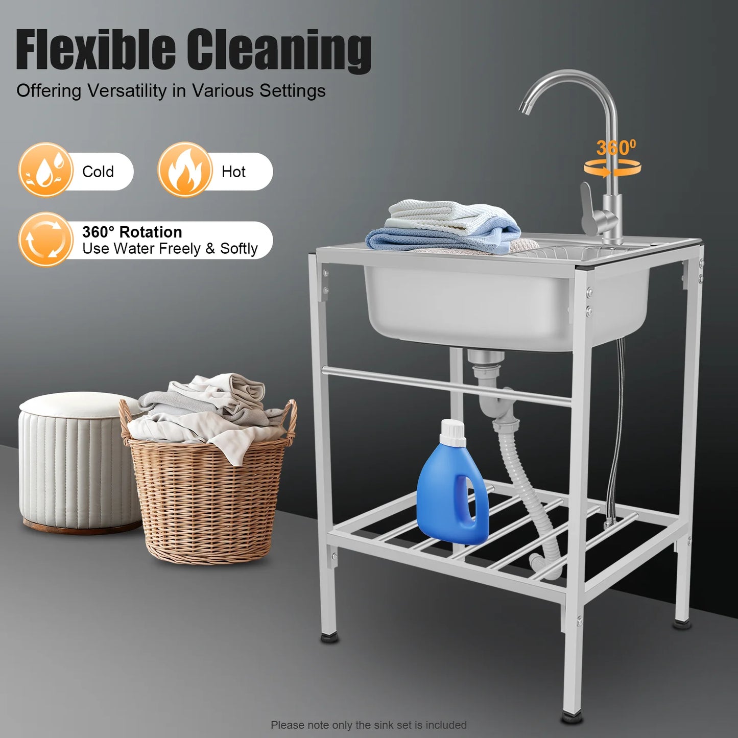 Edelstahl-Waschbecken mit Korb, einzelne Schüssel, kommerzielles Waschbecken, freistehendes Kalt- und Warmwasserhahn-Waschbecken für Küchen, Waschräume, Bars