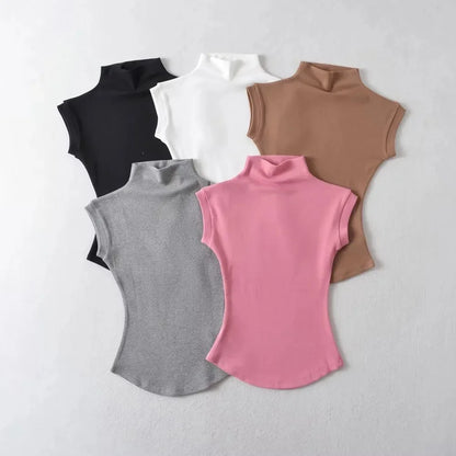 Women Summer Sexy Turtleneck Sleeveless T-Shirts Tops Solid Slim Fit Pullovers Causal Tees Shirts Female Streetwear Basics Tees.