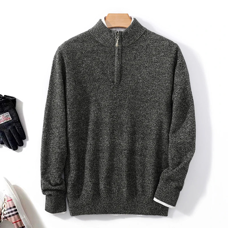 Autumn Winter Men's 100% Merino Wool Sweater Mock Collar Half Zip Knitted Pullover Cashmere Sweatshirt Casual Long Sleeved Tops