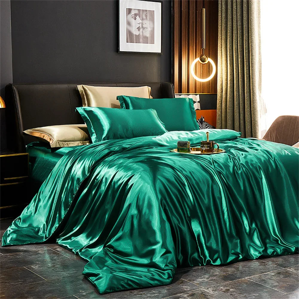 Solid Silk Bedding Set with Duvet Cover Bed Sheet Pillowcases Luxury Satin Single Double Bedsheet King Queen Twin Size.
