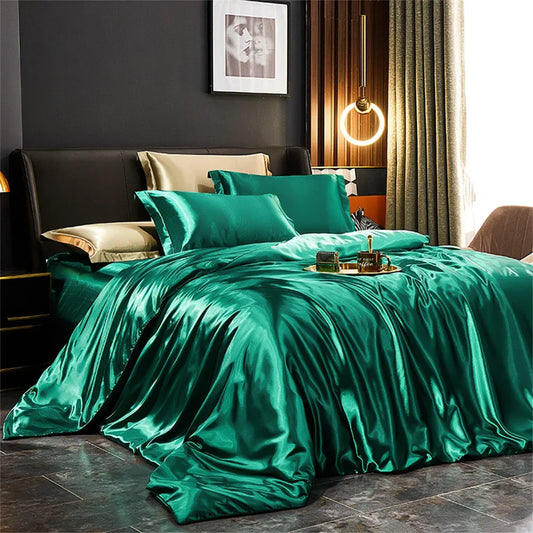 Solid Silk Bedding Set with Duvet Cover Bed Sheet Pillowcases Luxury Satin Single Double Bedsheet King Queen Twin Size.