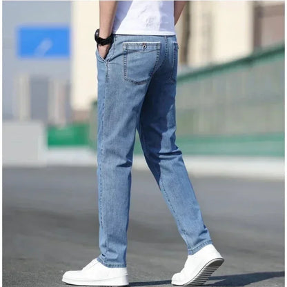 Thin Men's Baggy Soft Casual Jeans Gray Summer Fashion Versatile Comfortable Stretch Straight Casual Jeans Light Blue Male.
